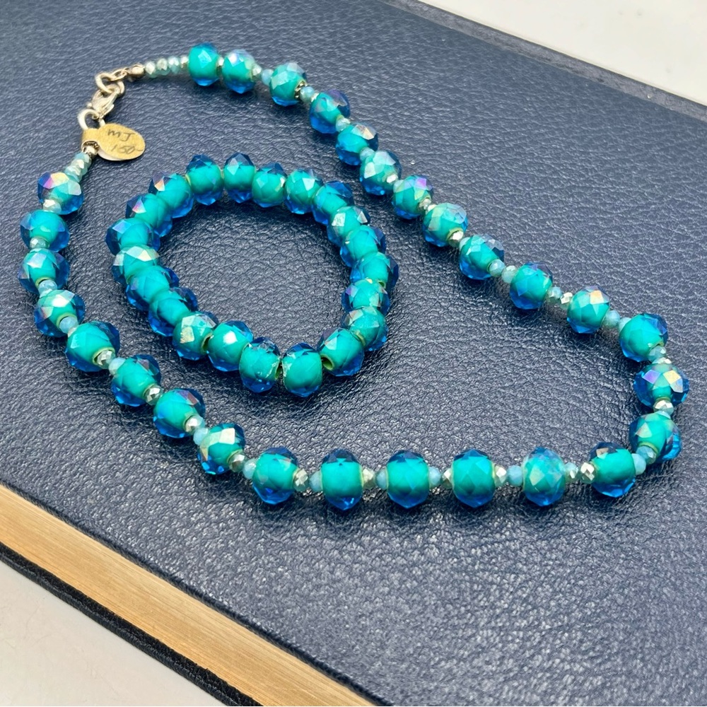 $150 Swarovski aqua blue crystal bead necklace & bracelet set artisan stunning - Picture 5 of 12